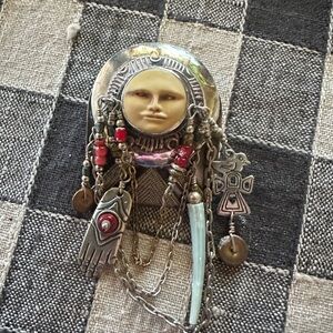 Vintage Tabra Sterling Silver Moon Face Brooch Pin with enamel and Beads